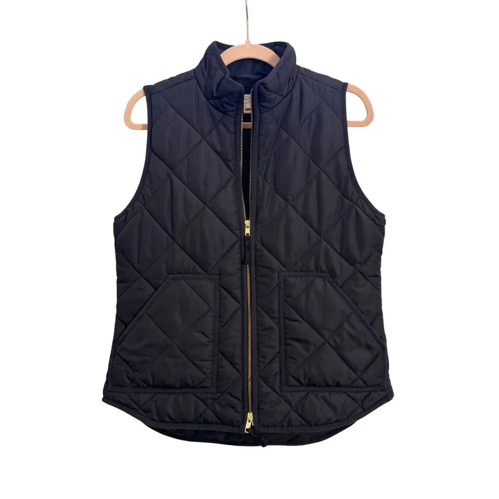 J.Crew Quilted Puffer Vest Womens Small Black Excellent Lightweight Gold Zip‎